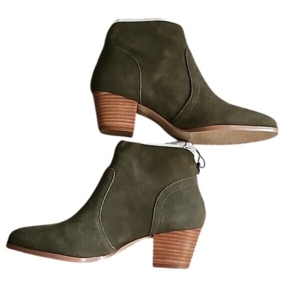 Violet & Red Suede Cupid Bootie Size 6.5 New Leather Block Heel Olive Green - Picture 6 of 9